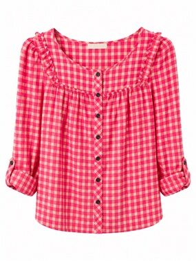 HOLDING HORSES Pink Gingham Ruffle-Trim Button Down 100% Cotton Top